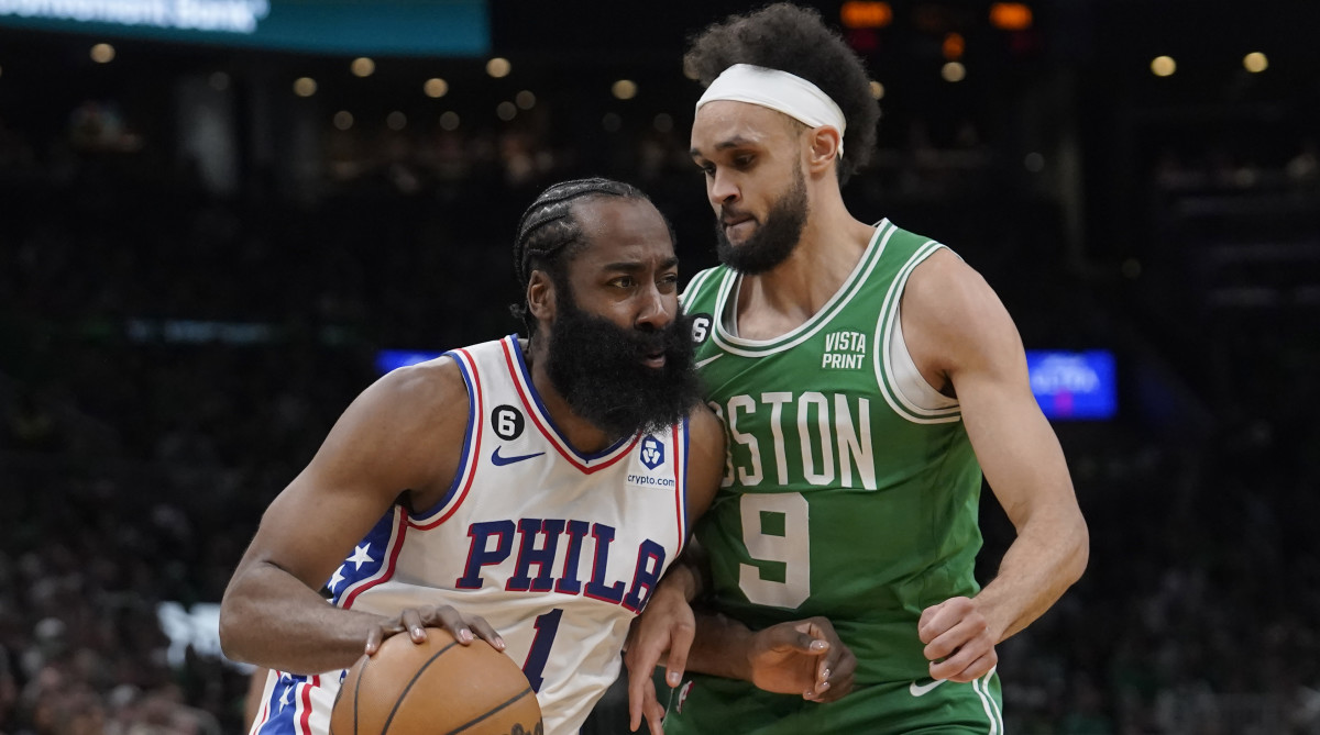 76ers guard James Harden drives toward the basket past Celtics guard Derrick White during Game 7